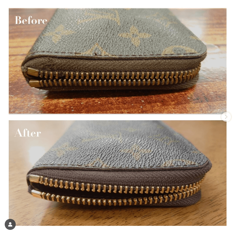 ルイヴィトン財布のファスナーがエレメント欠けで閉まらない状態から、丸ごと交換修理したビフォーアフター画像。リペアシングの確実な機能回復技術の証明。